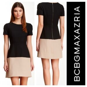 BCBG MAX AZRIA Hannah Dress Sz 4 Black Beige Colorblock Fit & Flare Short Sleeve